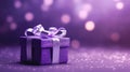 Violet gift box on blurred purple background.