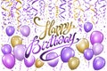 Violet gold balloons happy birthday background. vector