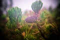 Violet growing pine cone on green branch of cedar. Taiga plans in morning light. Alpine nature closeup. Coniferous tree