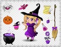 Purple halloween cartoon set of objects for witches and cute witch girl isolated Royalty Free Stock Photo