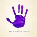 violet handprint and text festa della donna, womens day in italian