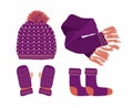 Violet Hat with a Pompom, Scarf, socks and Mitten Set Knitted Seasonal Winter Traditional Accessories with ornament. Royalty Free Stock Photo