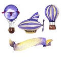 Violet hot air balloons, airship and ribbon and flag. Watercolor.