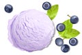 Violet ice cream with blueberry isolated on white background, top view