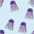 Violet jellyfish seamless watercolor lihgt blue background. Marine style. Wildlife. Watercolor illustration. Blue, turquoise,