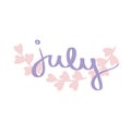 Violet July lettering print vector text with pink leaves border. Summer minimalist illustration. Isolated purple calligraphy