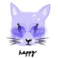 Violet kitty face with heart shape glasses in kids style with text happy. print for t shirt