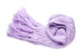 Violet knitted scarf isolated on white, top view