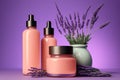 violet lavender flower scented shampoo and gel pink bottles illustration Generative AI