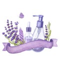 Violet lavender flowers, essential oil, cosmetics bottles, satin ribbon. Hand drawn watercolor illustration isolated on Royalty Free Stock Photo