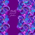 Violet, lilac and blue peacock feathers. Vertical border dark design.