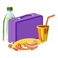 Violet lunchbox with drink icon, cartoon style