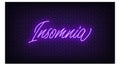 Violet neon Insomnia, lettering. Neon text of Insomnia on black brick background