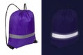 Violet nylon drawstring bag with reflective tape