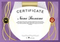 Violet official modern certificate. Curved line border. Gold design elements