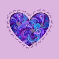 Violet painted peacock feathers heart design. Love card. Royalty Free Stock Photo