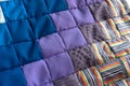 Violet patchwork quilt fragment, Colorful handmade ethnic blanket