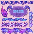 Violet peacock feathers border elements set. Royalty Free Stock Photo