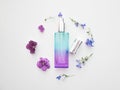 Violet perfume bottle with flowers around. lavender and spring flower aroma, aromatherapy, spa concept, skin care Royalty Free Stock Photo