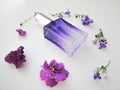 Violet perfume bottle with flowers around. lavender and spring flower aroma, aromatherapy, spa concept, skin care Royalty Free Stock Photo