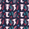 Colorful water plants and sea weed pattern with cute axolotl