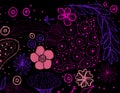 Violet, violet, pink, bright flowers and mushrooms on a black background.