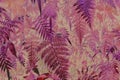 Violet pink fern leaf and forest plants digital illustration in embroidery style. Creative botanical pattern