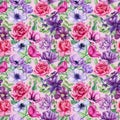 Violet and pink flowers on pink background. Anemones, clematis, Roses watercolor. Floral seamless pattern