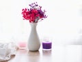 Violet pink flowers in vase on table Seed of baby\'s breath Gypsophila Paniculata Royalty Free Stock Photo