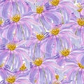 Violet pink flowers with yellow core watercolor seamless pattern