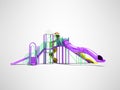 Violet playground for children with stairs with yellow spiral slide straight slide 3d render on gray background with shadow