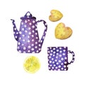 Violet polka dot tea or coffee pot, cup, lemon and cookie set. Watercolor. Royalty Free Stock Photo