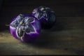 Violet purple Round eggplant, dark food photography, moody background closeup. Selective focus, aubergine Melanzana