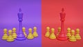Violet and red chess kings standing with many pawns. 3d rendering