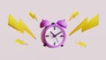 Violet retro alarming clock on white background. Concept design, 3d render illustration