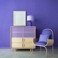 Violet room Very Peri.Chair,cabinet lamp and blank canvas.Modern design interior.