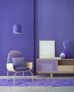 Violet room Very Peri.Chair,TV cabinet, lamp and blank canvas.Modern design interior.