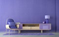 Violet room Very Peri.Chair,TV cabinet lamp and empty wall.Modern design interior