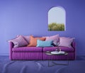 Violet room Very Peri.Sofa with pillows and arch window.Modern design interior.