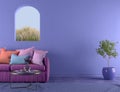 Violet room Very Peri.Sofa with pillows and arch window.Modern design interior.