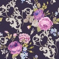 Violet Roses Barocco Flowers Background Violet. Seamless Floral Renaissance Pattern Royalty Free Stock Photo