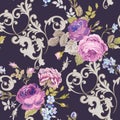 Violet Roses Barocco Flowers Background Violet. Seamless Floral Renaissance Pattern