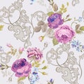 Violet Roses Barocco Flowers Background Violet. Seamless Floral Renaissance Pattern Royalty Free Stock Photo