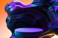 Violet Round Showcase with Empty Space Near Abstract Multicolored Liquid Dark Wave On Orange Background. 3d rendering