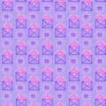 Violet seamless pattern with mail envelopes and shining rays on a  background. Hand drawn  illustration for design background, Royalty Free Stock Photo