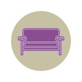 Violet sofa on circle grey background. Flat illustration in form of thin lines for interior design. Couch with pillow and back.