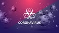 Violet template with coronavirus molecules on background and white biological hazard warning sign