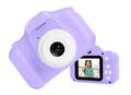 Violet toy cameras on white in collage, one with photo of cute little girl making slime Royalty Free Stock Photo