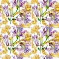 Violet tricyrtis floral botanical flowers. Watercolor background illustration set. Seamless background pattern.
