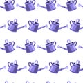 Violet watering can garden vector seamless pattern isolated on white, plants care loopable texture.